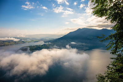Scenic view of mountains against sky at sunset