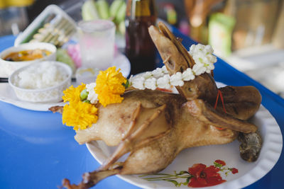 Close-up of meal served on table