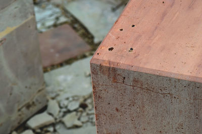 High angle view of rusty metal wall