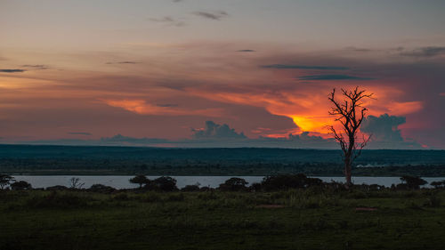 Lake in the ugandan savanna against sunset. ideal for nature, sunset showcases, and travel projects.