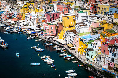 High angle view of boats in harbor