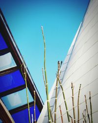 Low angle view of building against clear blue sky