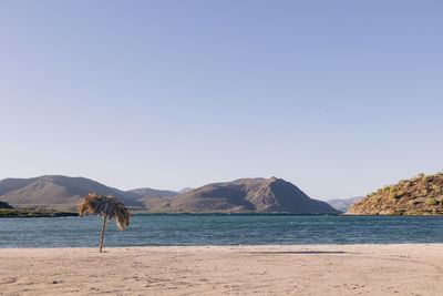 Single beach umbrella on a requeson beach in baja california sur, mexico close to loreto
