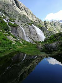 Scenic view of waterfall on mountain against sky