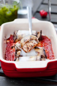 Close-up of food in tray on table