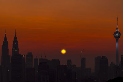 Silhouette of city at sunset