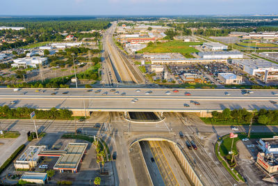 High angle view of vehicles on road in city