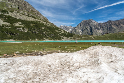 Scenic view of lake by mountains against sky