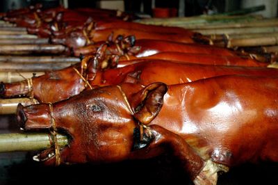 Pigs being roasted outdoors at night