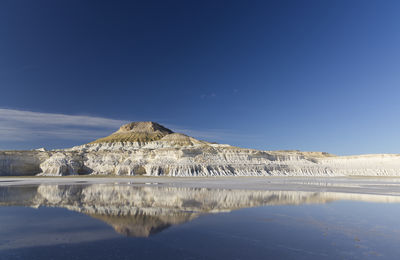 Scenic view of snowcapped mountains against clear blue sky