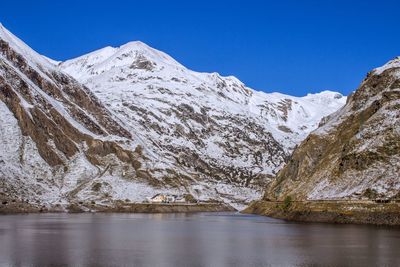 Scenic view of snowcapped mountains and lake against clear blue sky