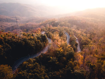 High angle view of trees and mountains during autumn