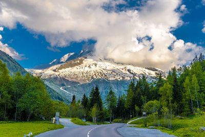 Road by trees on snowcapped mountains against sky