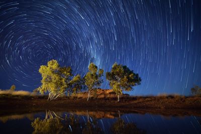 Trees on lake against star field at night