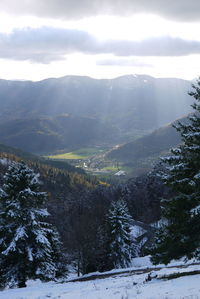 Scenic view of mountains against sky during winter