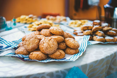 Close-up of cookies in plate on table