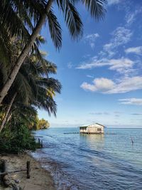 Tranquil scene of floating house under the cloudy blue sky at natuna regency, indonesia