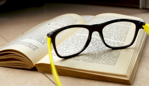 Close-up of eyeglasses on table