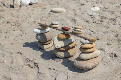 High angle view of stones on sand