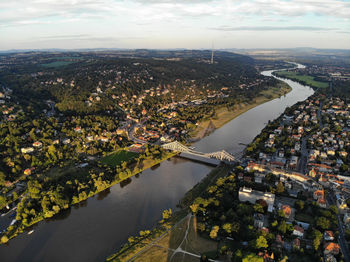 Aerial view of loschwitz bridge blue wonder, a cantilever truss bridge over the river elbe.