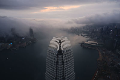 High angle view of buildings against cloudy sky