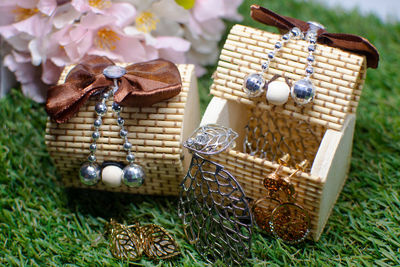 Close-up of wicker basket on field