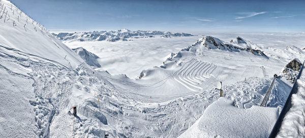 Panoramic view of snow covered landscape against sky