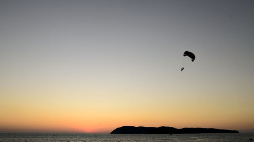 Silhouette of flying over sea at sunset