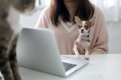 Midsection of woman using mobile phone while sitting on table