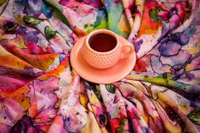 High angle view of coffee on table