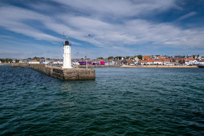 Beach inside the harbour with lighthouse