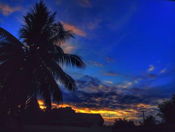 Low angle view of silhouette palm trees against sunset sky