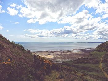 Scenic view of sea against cloudy sky