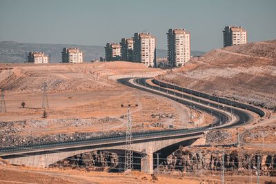 High angle view of buildings against clear sky