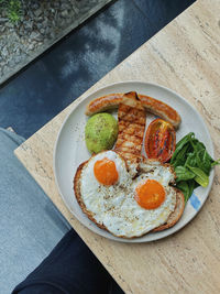 High angle view of food served on table