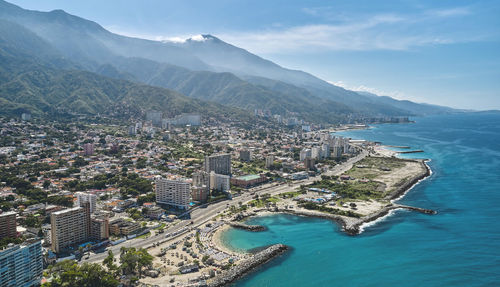 Aerial panoramic view of caraballeda de la costa coastline caribbean beach, vargas state. venezuela.