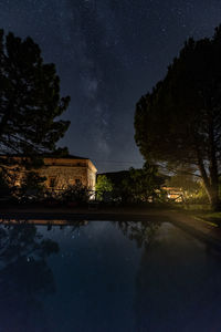 Reflection of trees in lake against sky at night with milky way in the background