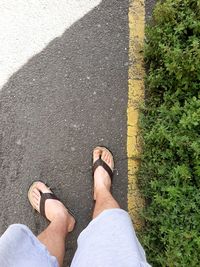 Low section of man standing on road