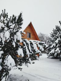 Low angle view of house against clear sky during winter