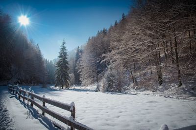 Snow covered landscape against clear sky