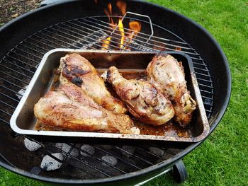 High angle view of meat on barbecue grill