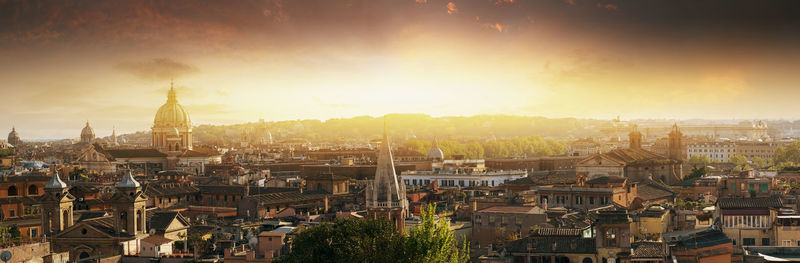 High angle view of townscape against sky at sunset