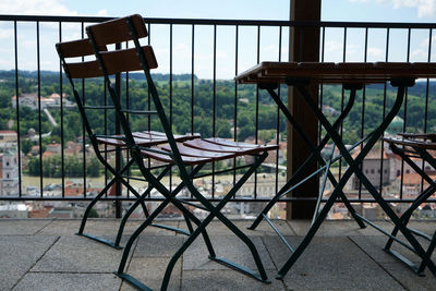 Empty chairs and table in restaurant