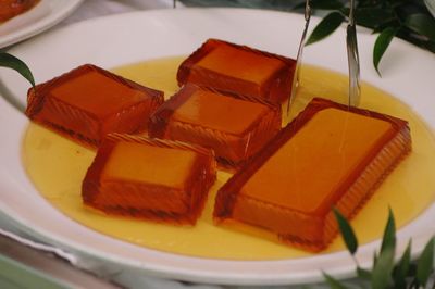 High angle view of dessert in plate on table