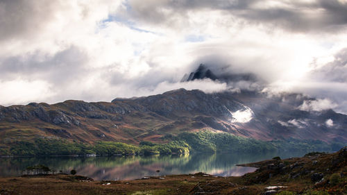 Scenic view of lake and mountains against sky
