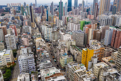 High angle view of modern buildings in city