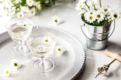 A beautiful scene of glasses of white wine with white daisy flowers,