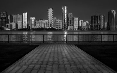 View of city lit up at night