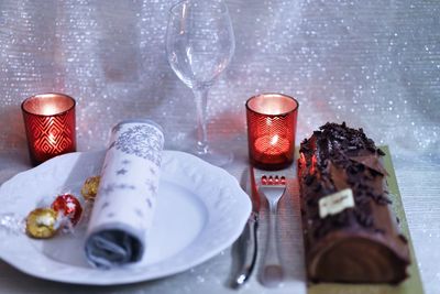 Close-up of dessert served on table