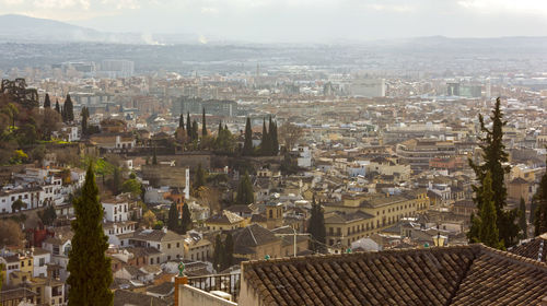 High angle view of buildings in city